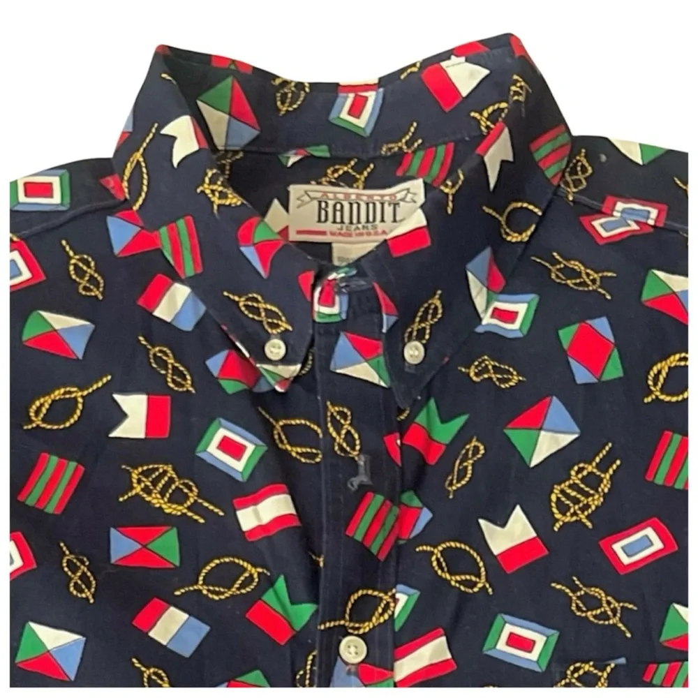 Men's Vintage Nautical Print Button Down Shirt Blue Multi